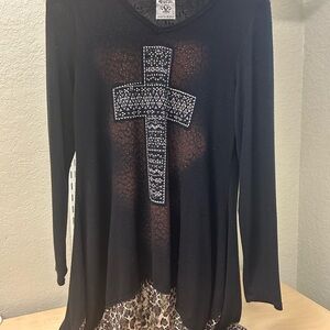 Vocal Black Long Sleeve Top with Cross Design Rhinestone